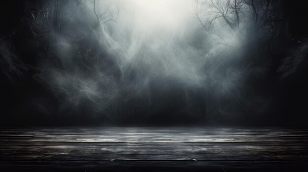 Zdjęcie mgła w ciemności, dym i mgła na drewnianym stole streszczenie i niewyraźne tło halloween