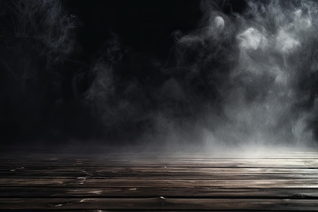 Mgła w ciemności, dym i mgła na drewnianym stole Streszczenie i niewyraźne tło Halloween