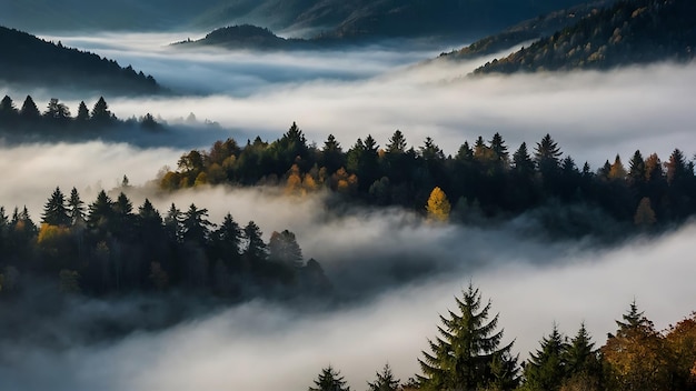 Zdjęcie mgła w lesie piękny krajobraz w górach w stylu retro mgła w górach i drzewach