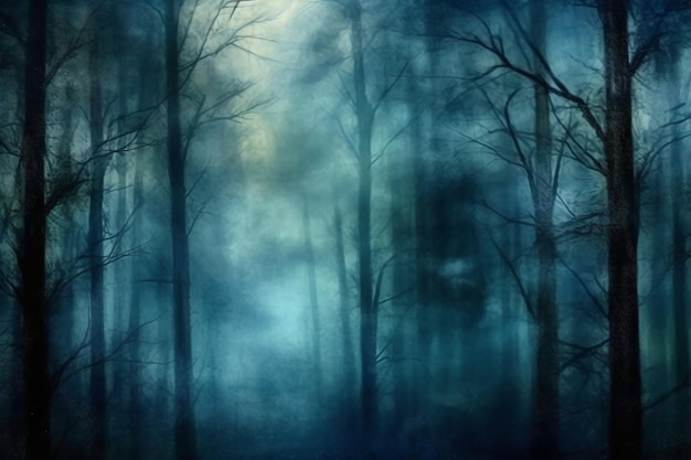 Mgła w lesie z generacją sztucznej inteligencji w świetle księżyca