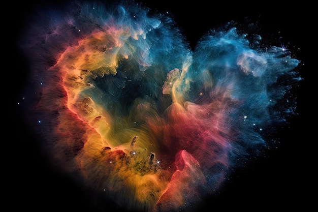 Mgławica w kształcie serca z kolorowymi i dramatycznymi detalami stworzona za pomocą generatywnej sztucznej inteligencji
