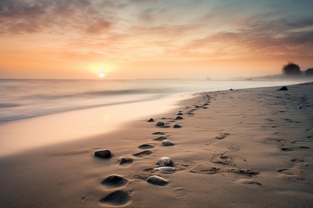 Zdjęcie mglista linia brzegowa ze śladami stóp prowadzącymi w kierunku horyzontu, sugerującymi ścieżkę emocjonalnego uzdrowienia i rozwoju