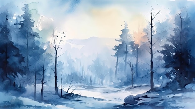 Mglista zimowa kraina czarów Akwarelowy pejzaż przedstawiający zamarznięty las tajgi