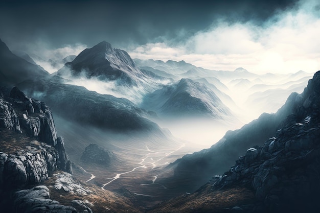 Mgliste krajobrazy górskie generowane przez sztuczną inteligencję