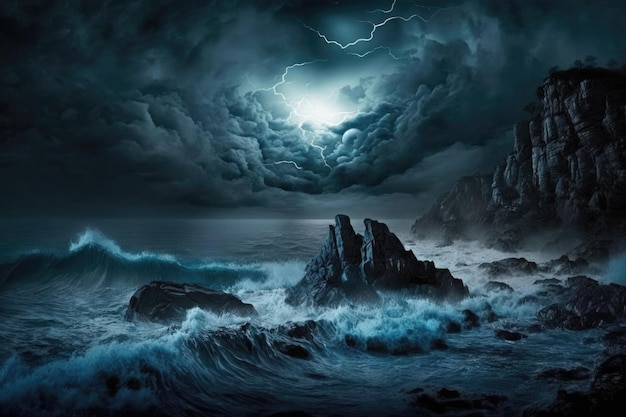 Mgliste nocne morza z szalejącymi sztormami