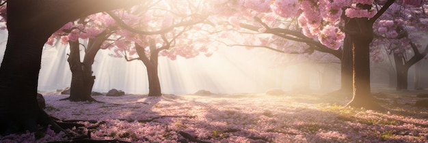 Mgliste piękne kwitnące kwiaty wiśni lasy z promieniem światła słonecznego i z różowymi płatkami w powietrzu i na ziemi wiosną wiosną sezonowa koncepcja AI generowana