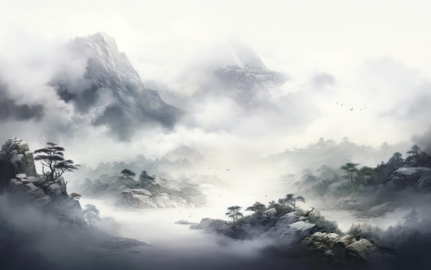 Mgliste wzgórze puszysta chmura chińskiego malarstwa ilustracji