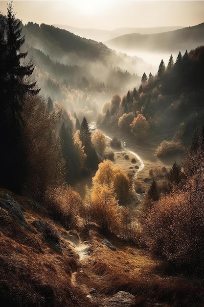 Mglisty jesienny krajobraz ze ścieżką prowadzącą do gór.