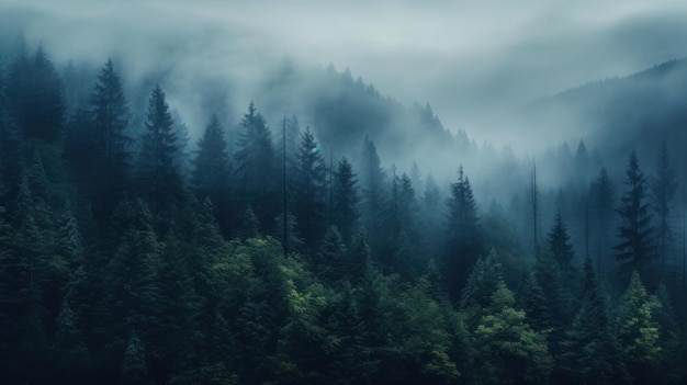 Mglisty krajobraz górski Nastrojowy krajobraz leśny z mgłą i zamgleniem Generacyjna sztuczna inteligencja