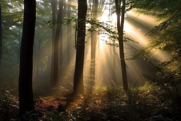 Mglisty las o świcie z promieniami słońca przebijającymi się przez mgłę stworzoną za pomocą generatywnej sztucznej inteligencji