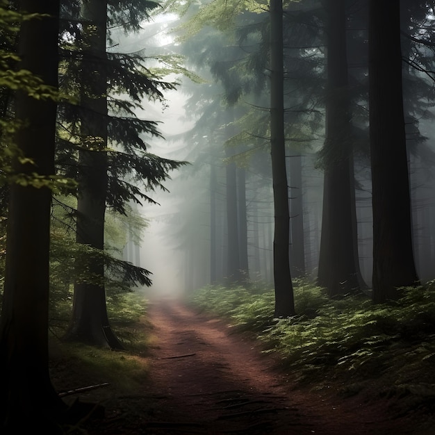 Mglisty las Osłonięty las spowity mgłą i mgłą tworzącą urzekającą tajemnicę