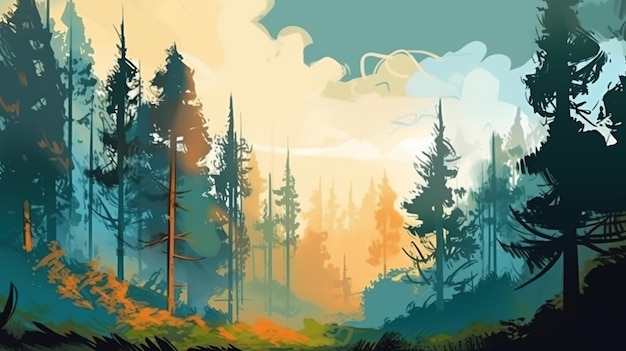 Mglisty las rano Koncepcja fantasy Malowanie ilustracji