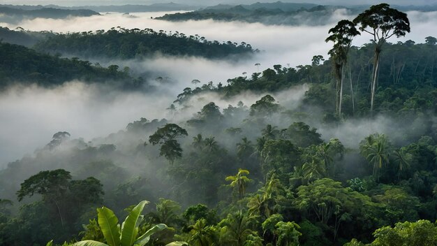 Mglisty las tropikalny z bujną zielenią i spokojną atmosferą