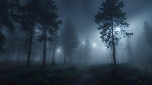 Zdjęcie mglisty las w nocy.