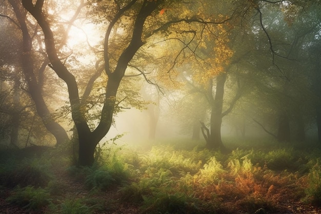 Mglisty las z drzewami na pierwszym planie i słońcem świecącym przez drzewa.
