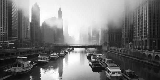 Mglisty poranek w Chicago panoramę miasta częściowo zasłoniętą przez mgłę rzeki Generative ai