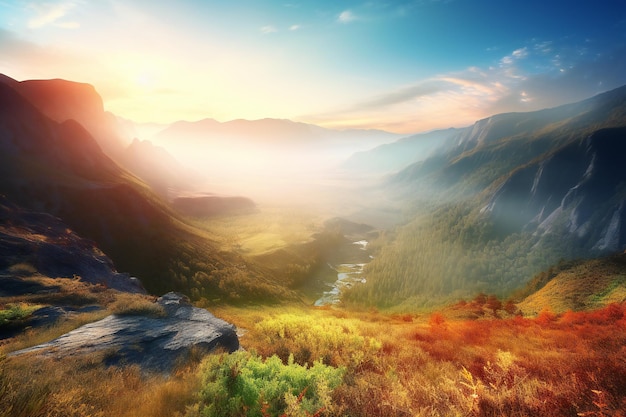 Mglisty poranek w górach Kolorowy jesienny krajobraz