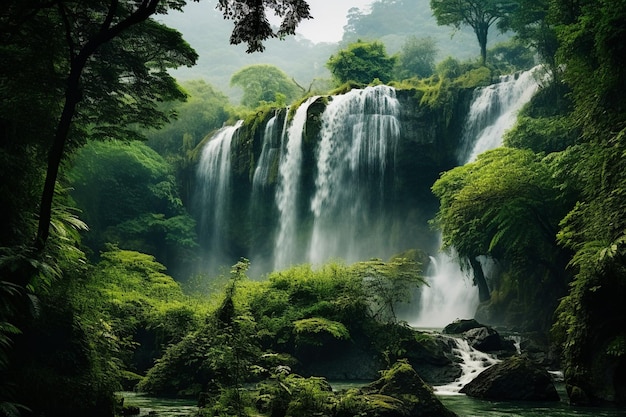 Mglisty wodospad przepływający przez gęsty las
