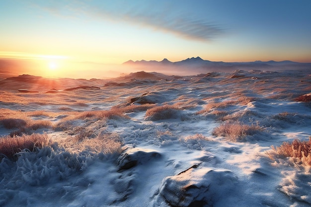 Mglisty zimowy wschód słońca nad pasmem górskim Dramatyczna niezwykła scena