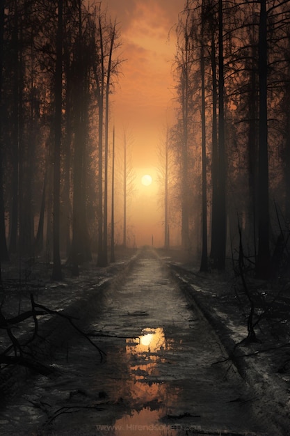 Mgłowa droga w lesie o wschodzie słońca