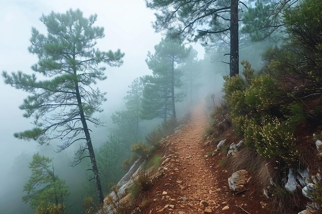 Zdjęcie mgłowa ścieżka leśna między sosnami tajemniczy mgłowy dzień w lesie wędrówka w chmurze głównie niewyraźna