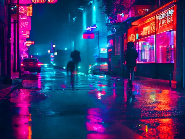 Mgłowa ulica fotorealistyczne neonowe światła skórki z licznikiem deszczu