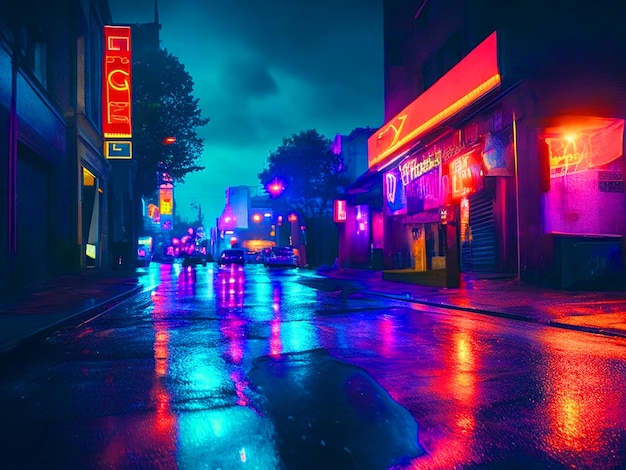 Mgłowa ulica fotorealistyczne neonowe światła skórki z licznikiem deszczu