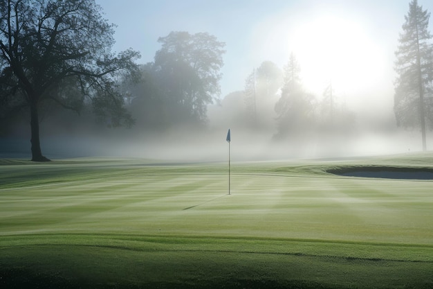 Mgłowe pole golfowe z flagą na zieleni tworzące tajemniczą atmosferę dla graczy Mgły poranek na polu golfowym z rosą na trawie AI generowane