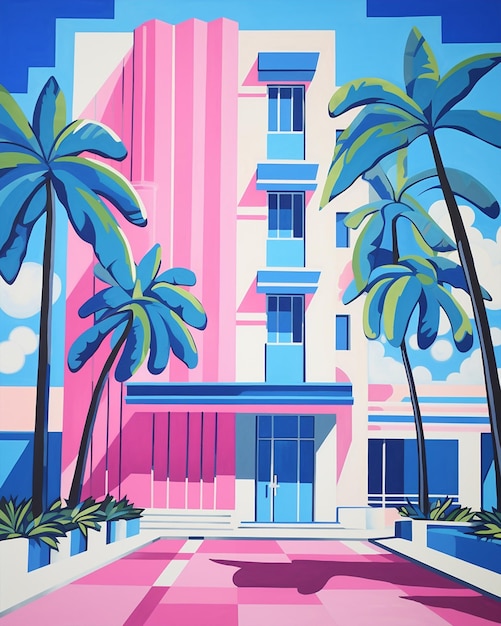 Miami Beach Art Deco budynek abstrakcyjny nadruk z palmą