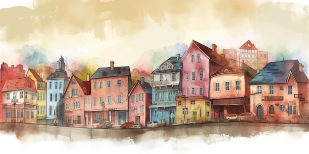 Zdjęcie miasteczko w stylu akwareli z kolorowymi domami