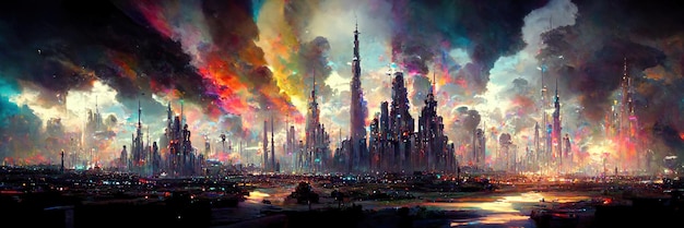 Miasto fantasy science fiction. Malarstwo cyfrowe. Fikcyjna sfera abstrakcyjna. Futurystyczna sztuka koncepcyjna.