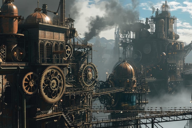 Zdjęcie miasto inspirowane steampunkem z przekładniami i maszynami w unikalnym ustawieniu 3d