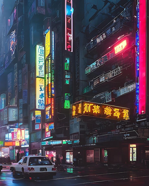 Miasto, które ma neon z napisem „cyberpunk”.