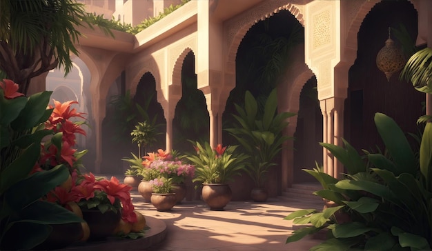 miasto medyny w stylu Alhambra otoczone tropikalnymi roślinami islamskimi ornamentami