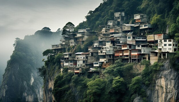 Zdjęcie miasto na klifie z pochyłymi domami, w którym chińczycy spokojnie żyją, praktykuje fotografię torową