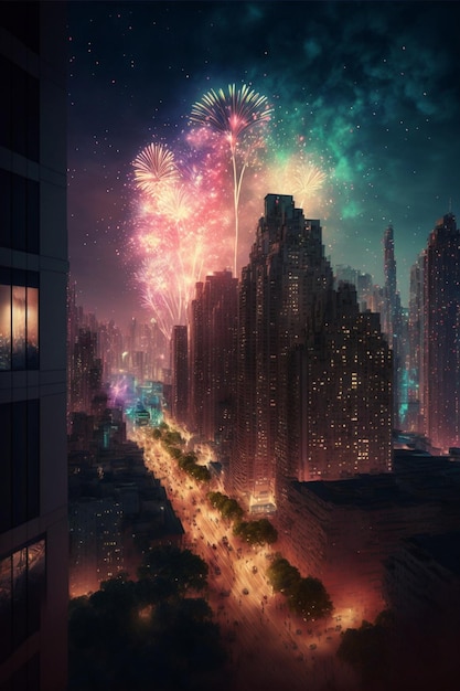 Miasto nocą z fajerwerkami na niebie generatywne ai