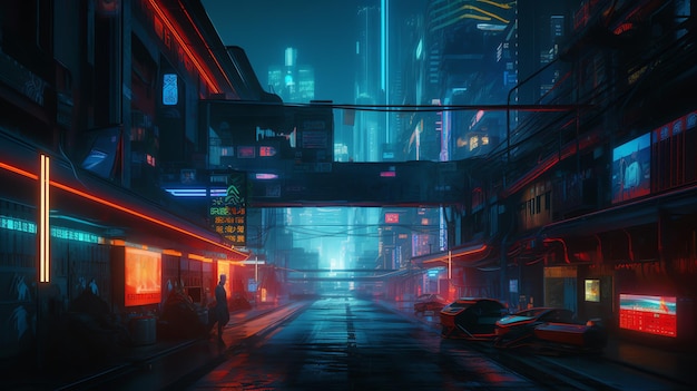 Miasto nocą z neonami