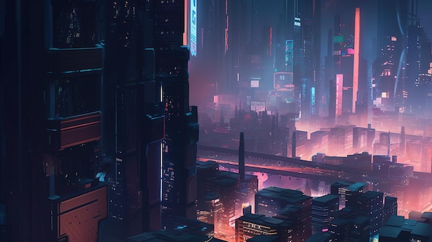 Miasto nocą z neonowym napisem cyberpunk.