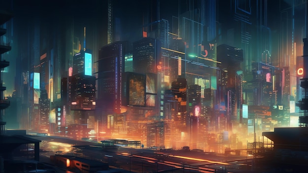 Miasto nocą z neonowym napisem cyberpunk.