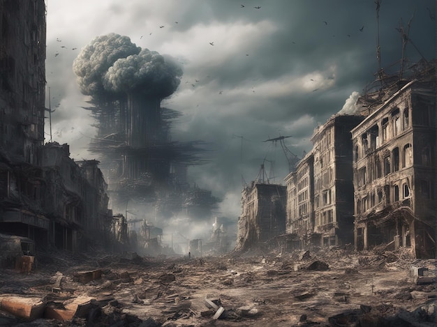 Miasto po nuklearnym zniszczeniu zniszczone przez generatywną sztuczną inteligencję