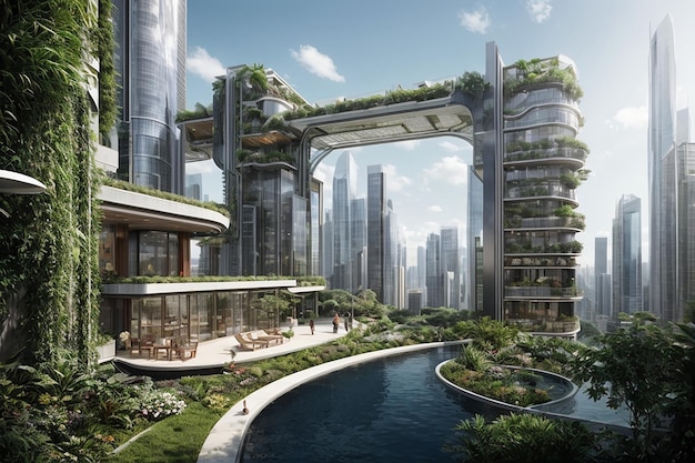 Miasto przyszłości drapacze chmur z bujnymi ogrodami i technologią "Serenity in Steel" przyroda i technologia współistnieją