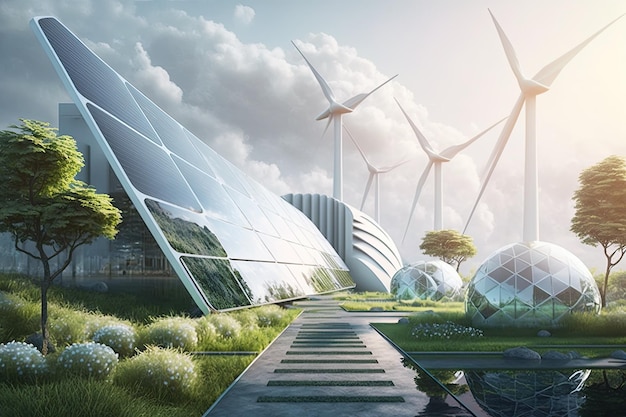 Miasto przyszłości z mnóstwem zieleni i alternatywnymi źródłami energii panele słoneczne i turbiny wiatrowe Generative AI