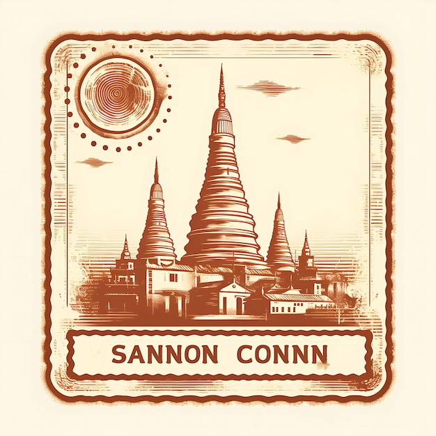 Miasto Rangun Z Monochromatyczną Pagodą Shwedagon w kolorze Siennej, kreatywnym, unikalnym znaczkiem pięknych miast