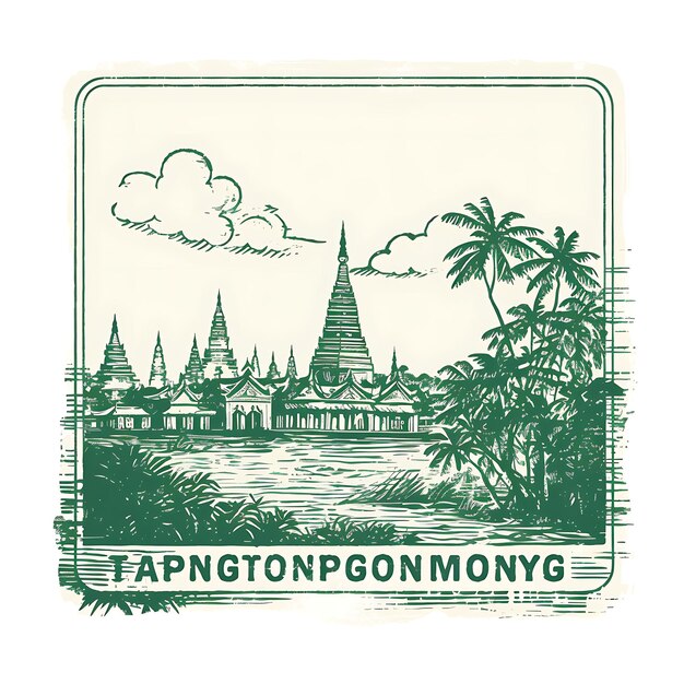 Miasto Rangun Z Monochromatycznym Szmaragdowym Kolorem Shwedagon Pa Kreatywny Unikalny Pieczęć Pięknych Miast