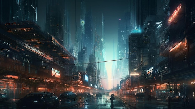 Miasto w deszczu ze światłem