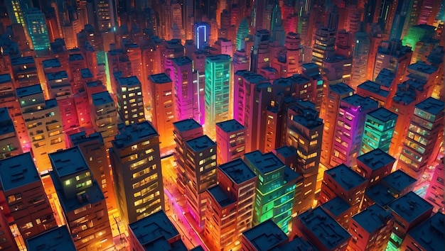 Miasto w nocy Budynki są oświetlone w różnych kolorach sprawiając, że miasto wygląda bardzo żywo