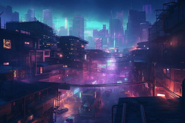 Miasto z fioletowym blaskiem i neonem z napisem „cyberpunk”