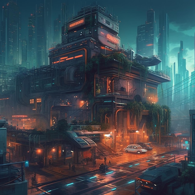 Miasto z futurystycznym budynkiem i napisem cyberpunk na górze.