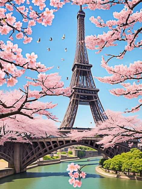 Miasto z kwiatami wiśni rzeka obok miasta wieża Eifel most nad rzeką z