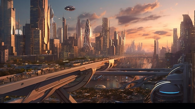 Miasto z mostem i napisem „miasto przyszłości”